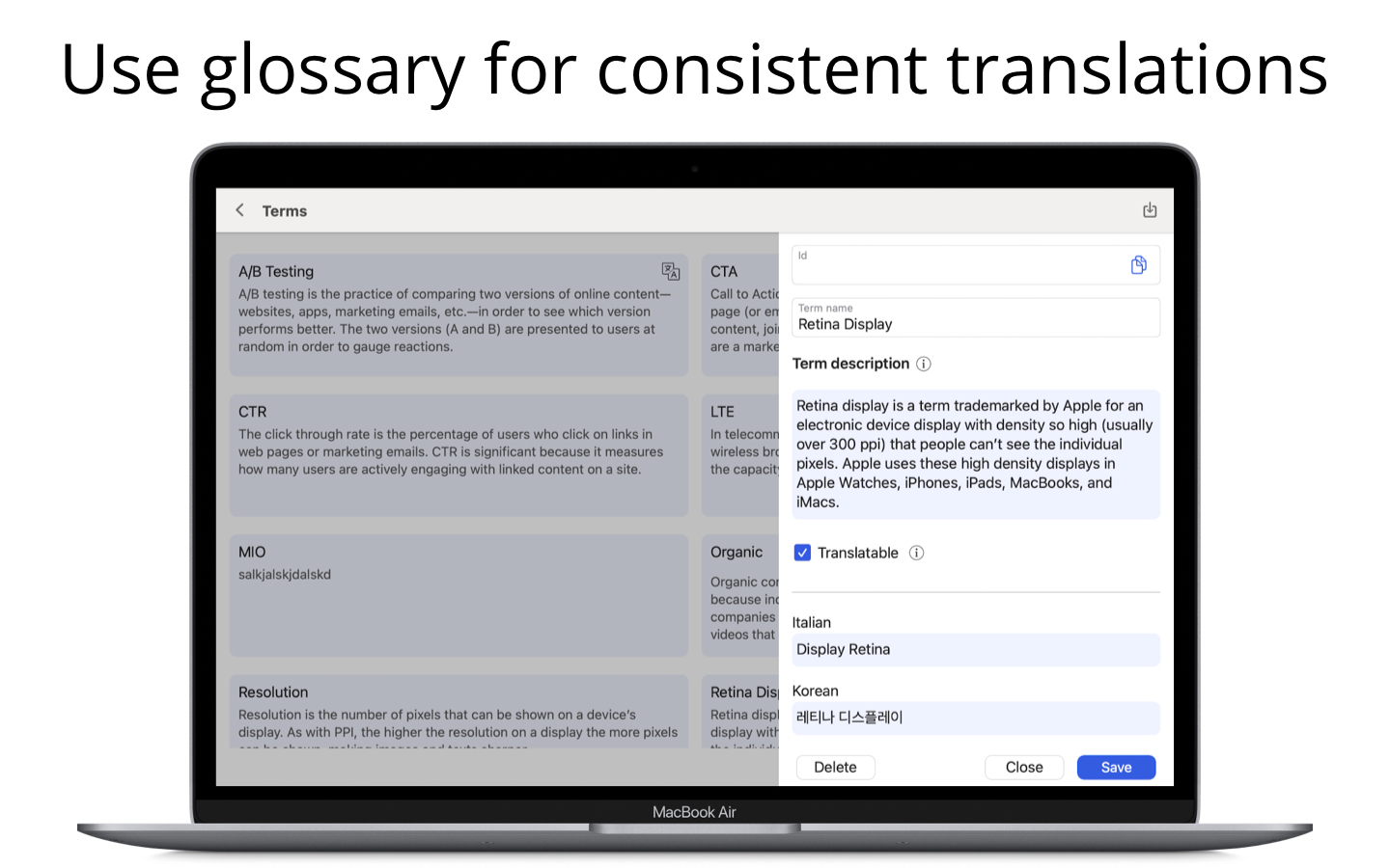 Use glossary for consistent translations